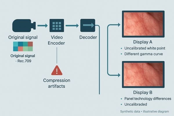An infographic flowchart showing a video signal's journey from an endoscopy camera through an encoder, over the network, and to two different displays, with callouts at each stage showing how color space, gamma, and compression can alter the image.