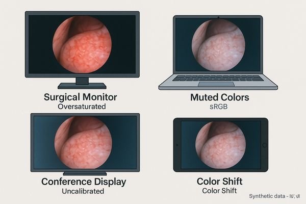 A montage of different screens (laptop, surgical monitor, conference room display) all showing the same endoscopic image but with noticeably different color saturations and tones.
