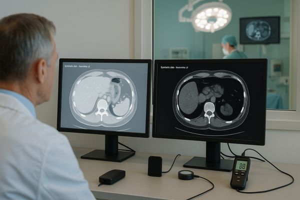 Radiologist compares the same CT study on two displays with different grayscale; calibration probe and lux meter show GSDF calibration and luminance stability