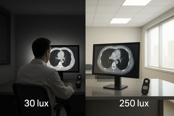 An image showing a radiologist in a dimly lit room, with controlled bias lighting behind the monitor, contrasting with a bright, reflective office environment.