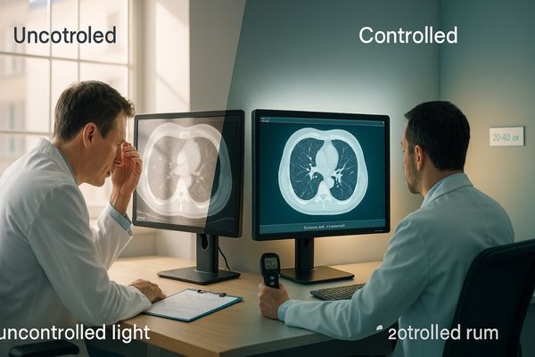 Split view: window glare washes out a CT image on the left; controlled reading room with bias lighting at ~20–40 lux on the right shows clear detail—demonstrating ambient light’s impact on grayscale and diagnosis