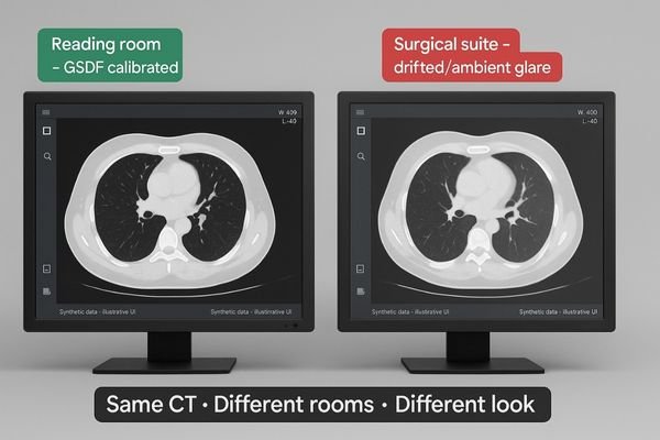 A side-by-side comparison of two medical displays showing the same CT scan with visibly different grayscale and contrast levels.