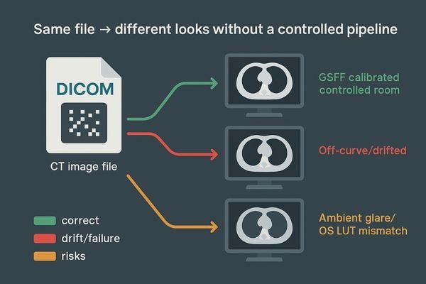 An illustration showing a single CT image file being sent to three different monitors, resulting in three visually distinct outputs.