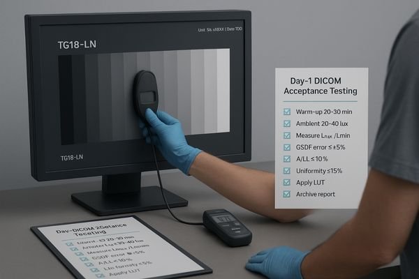 A medical physicist conducting an acceptance test on a new monitor, with a checklist, test patterns on screen, and measurement tools nearby.