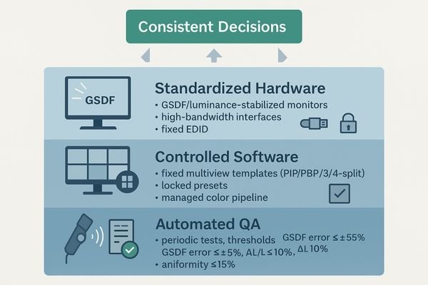A flowchart illustrating a complete deterministic display pipeline, from standardized hardware to automated QA reporting and alerts.