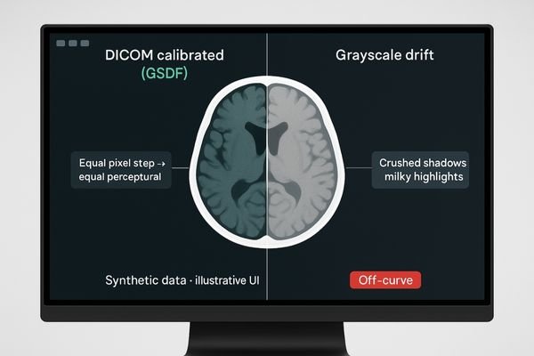 A split image showing the same CT scan displayed with correct DICOM calibration on one side and with 