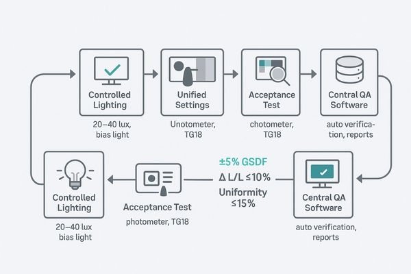 A flowchart illustrating a complete compliance system, from standardized hardware and controlled lighting to automated QA software and a central log server.