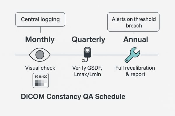 A timeline graphic showing the recommended schedule for constancy QA: monthly icons for visual checks, quarterly icons for photometer tests, and a yearly icon for full recalibration.