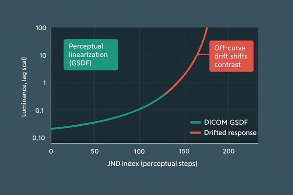 An illustration of the DICOM GSDF curve, with a second, deviated line showing how 
