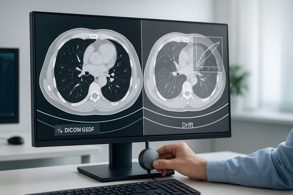 Radiology reading room showing DICOM-calibrated GSDF vs. grayscale drift on a 4K monitor.