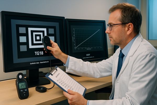 Medical physicist measures a diagnostic display with a photometer on a TG18 test pattern; GSDF curve and QA checklist visible—verifying DICOM Part 14 compliance