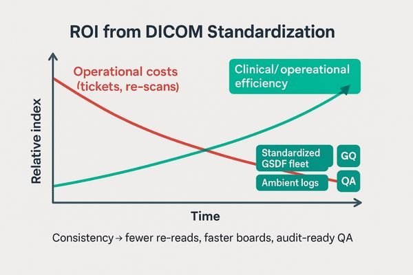 A graph showing a downward trend in operational costs (re-scans, support tickets) and an upward trend in efficiency after implementing a standardized display fleet.