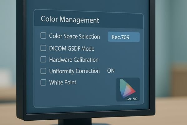 An image showcasing the on-screen menu of a medical-grade display, highlighting options for
