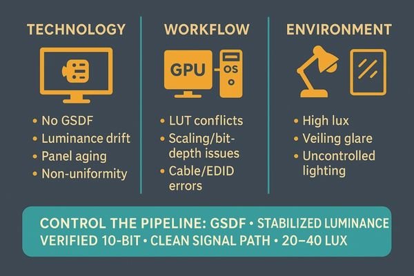 An infographic illustrating the multiple root causes of display inconsistency, such as panel aging, ambient light, and software settings.