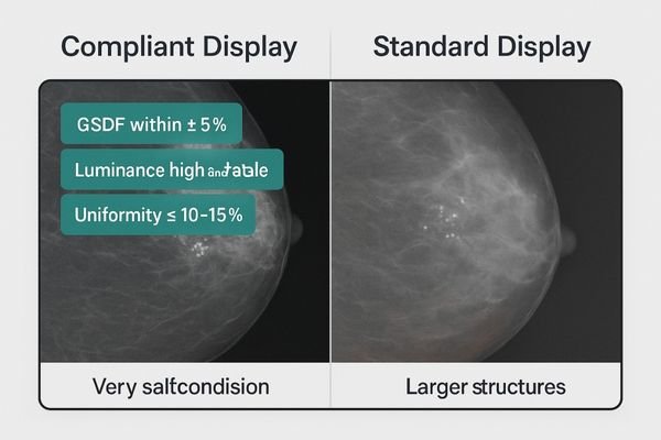 A split-screen image showing a mammogram with subtle findings. One side, labeled 