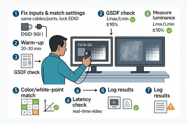 A step-by-step visual guide showing a technician using a photometer and test patterns to verify the consistency of a dual-monitor setup.