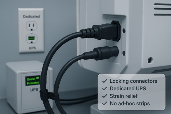 An image of a properly engineered power setup for a surgical display: a locking AC power cord with a retention clip, neatly managed cables with strain relief, connected to a medical-grade UPS.