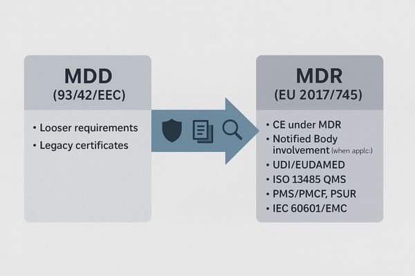A flowchart showing the progression from the older Medical Device Directive (MDD) to the more stringent Medical Device Regulation (MDR).