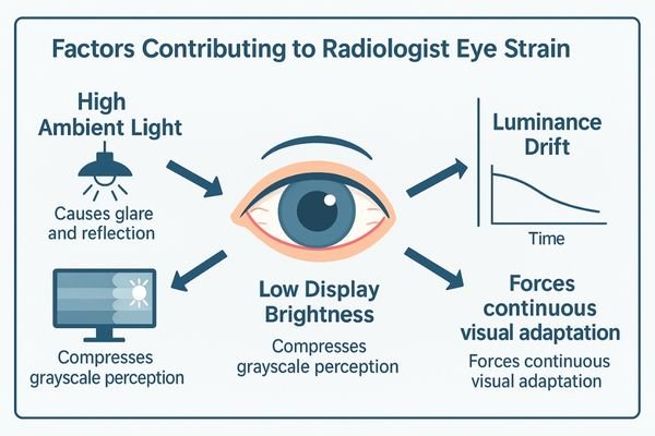 A diagram illustrating the key factors contributing to eye strain: high ambient light, low display brightness, and luminance drift, all pointing towards a graphic of a strained eye.