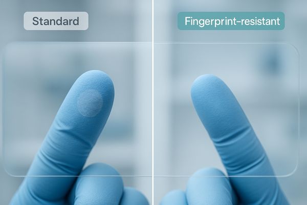 An image showing a split-screen comparison. On one half, a gloved finger presses against a standard screen, leaving a visible, oily smudge. On the other half, the finger presses against a screen with a fingerprint-resistant coating, leaving no visible mark.