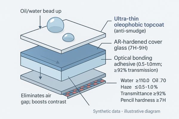 A scientific illustration showing a microscopic cross-section of a display's surface layers: the LCD panel, optical bonding adhesive, AR-hardened cover glass, and the final, ultra-thin fingerprint-resistant topcoat.