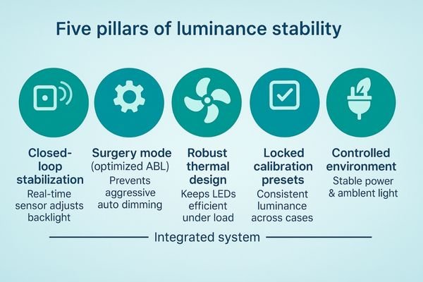 An infographic showing five icons representing the five pillars of the solution: a sensor (stabilization), a gear (surgery mode), a fan (thermals), a checklist (calibration), and a power plug (environment).