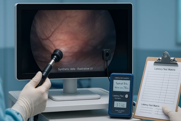Glass-to-glass latency test on an endoscopic video system in the OR; technician triggers a light signal at the camera, monitor shows synthetic endoscopic view, with a latency meter and “Latency Test Matrix” sheet