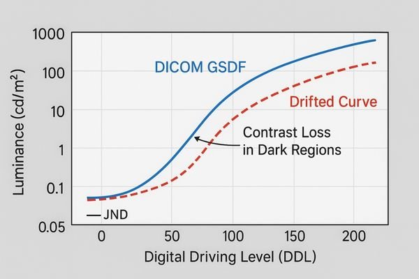 A technical graph showing the ideal, perceptually linear DICOM GSDF curve, with a second, 