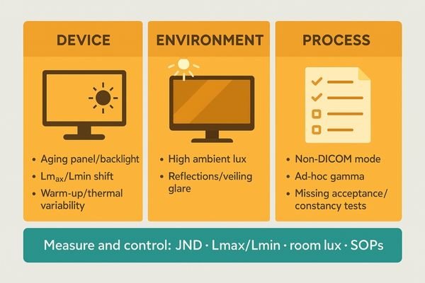 An infographic showing the three main causes of drift: an aging LCD panel, a bright room with glare, and a checklist with missing QA steps.