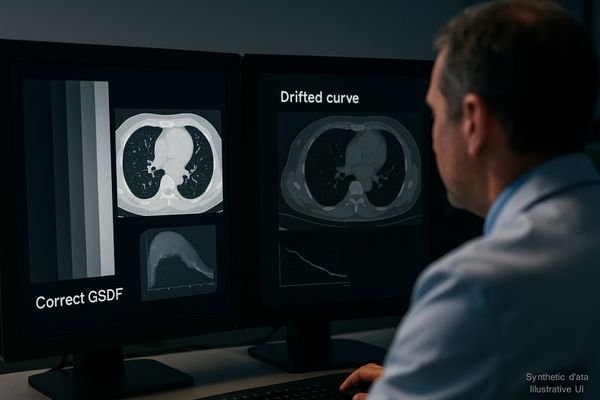 Radiologist comparing CT on dual monitors—left correct GSDF, right drifted curve.