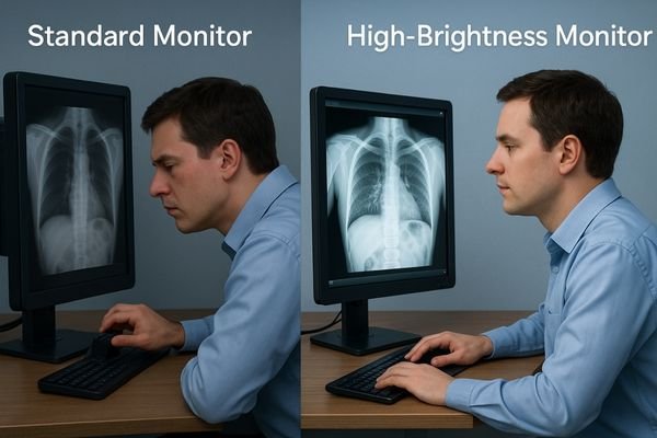 An image showing a split view of a radiologist's experience. On one side, the radiologist is squinting at a dim, washed-out screen. On the other, they are sitting comfortably, viewing a bright, clear image with excellent contrast.