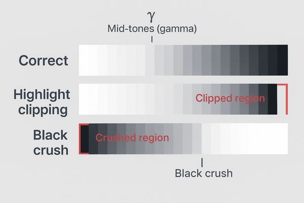 A diagram illustrating a grayscale ramp. One version is correct. A second version shows 
