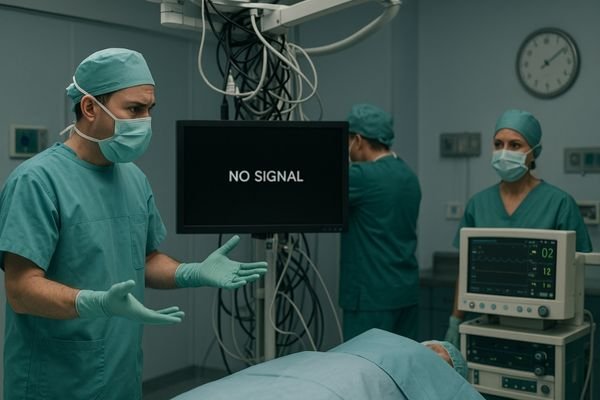 An image showing a frantic scene in an OR with a blank main display screen, while surgeons and nurses look on with frustration, pointing at cables and equipment.