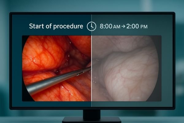 An image showing a surgical display with a time-lapse effect. The screen is bright on the left side (start of surgery) and visibly dimmer on the right side (hours later), with a clock graphic superimposed.