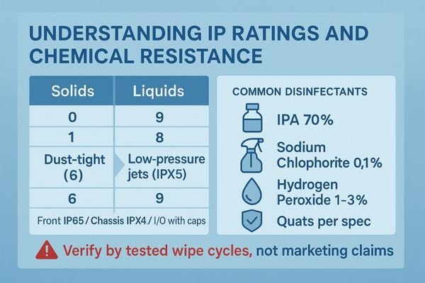 An infographic showing the IP rating chart for solids and liquids, alongside icons representing common hospital disinfectants like IPA, sodium hypochlorite, and hydrogen peroxide.