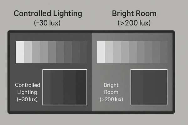 A side-by-side comparison of a grayscale step wedge pattern viewed in a dark room versus a bright room, showing the loss of detail in the darker steps in the bright environment.
