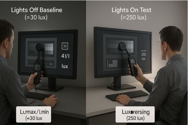 A diagram showing a technician with a lux meter and photometer testing a display first with room lights off, then with room lights on, and comparing the data.