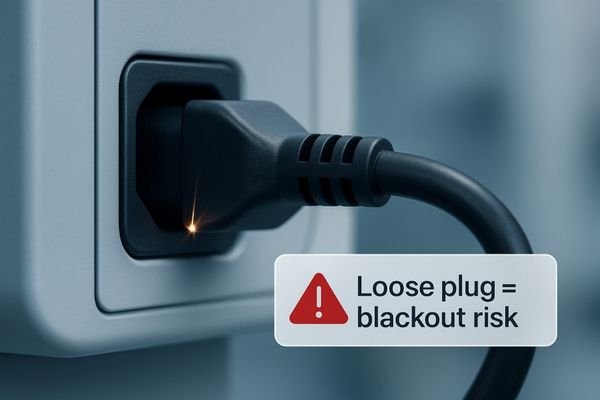 An image showing a standard, non-locking power adapter plug loosely hanging from a surgical display's power port, with a slight spark effect to indicate a poor connection.