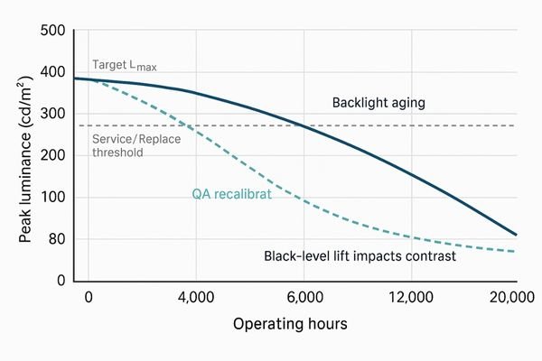 A technical graph illustrating the decline of a monitor's peak luminance (cd/m²) over its operational hours.