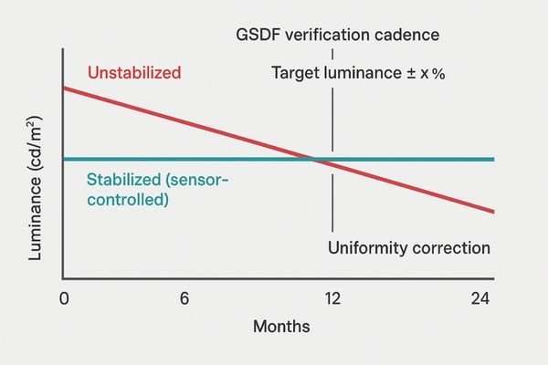 A graph showing the luminance of a monitor slowly degrading over several months, contrasted with a flat, stable line from a monitor with active luminance stabilization.