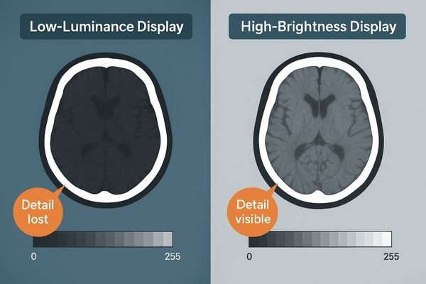 A side-by-side image comparison. One side shows a CT image on a low-luminance display where dark areas are muddy and indistinct. The other side shows the same image on a high-brightness display where details in the dark regions are clear and well-defined.