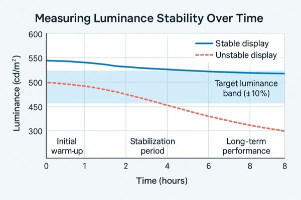 A line graph showing a display's luminance (in cd/m²) on the y-axis and time (in hours) on the x-axis. The line starts high, drops slightly, and then plateaus, with a dotted line showing an unstable display's continuous decline.