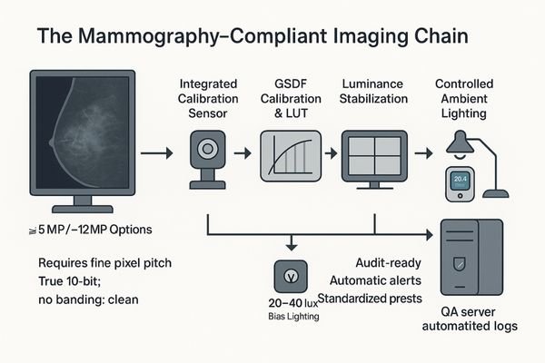 A diagram of a complete, locked-in mammography reading station, showing the high-resolution monitor, calibration sensor, controlled lighting, and connection to a QA server.