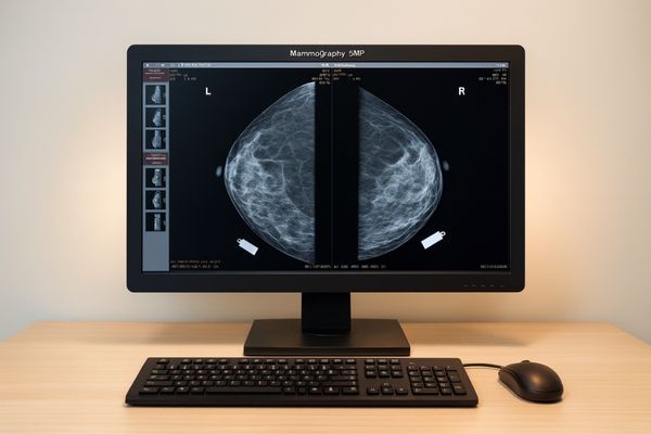 Mammography reading workstation with a single diagnostic monitor showing bilateral mammograms—high resolution and GSDF grayscale for micro-calcification detection