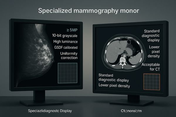 An image contrasting a high-resolution mammogram showing micro-calcifications on a specialized monitor with a CT scan of the abdomen on a standard monitor.