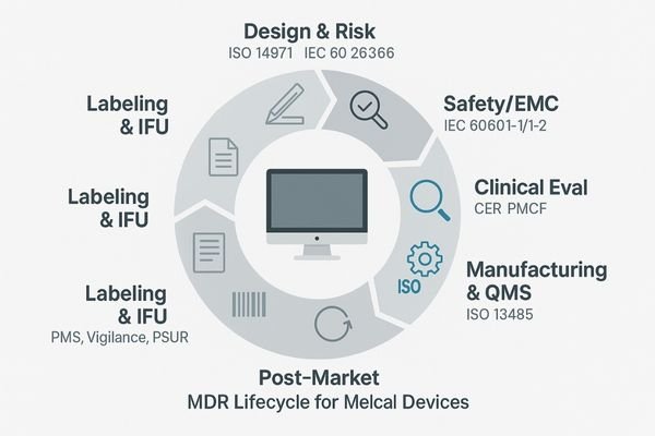 An infographic illustrating the lifecycle of an MDR-compliant device, from initial design and risk analysis to manufacturing, UDI tracking, and post-market surveillance.