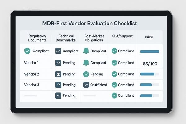 An image of a digital checklist on a tablet, being used by a procurement team to evaluate and score different monitor vendors.