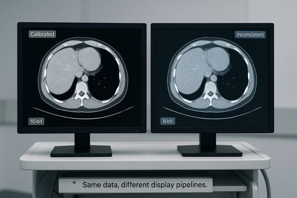 An image showing two medical displays side-by-side, displaying the same medical image but with noticeable differences in color, brightness, and contrast.