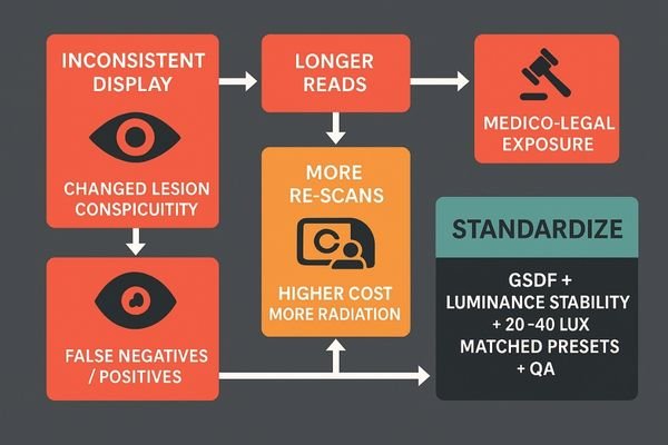 A diagram illustrating the negative consequences of inconsistent displays, including missed diagnosis, increased costs, and legal exposure.