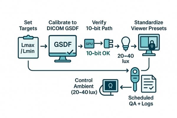 A diagram showing a complete quality assurance workflow, from initial calibration to periodic checks with a photometer and automated reporting.